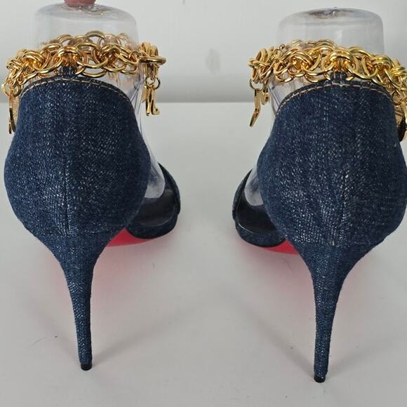 Christian Louboutin Gourmi Sandal 100 Denim Gold Charm Anklet Heel 39 w/ Box - Picture 4 of 16
